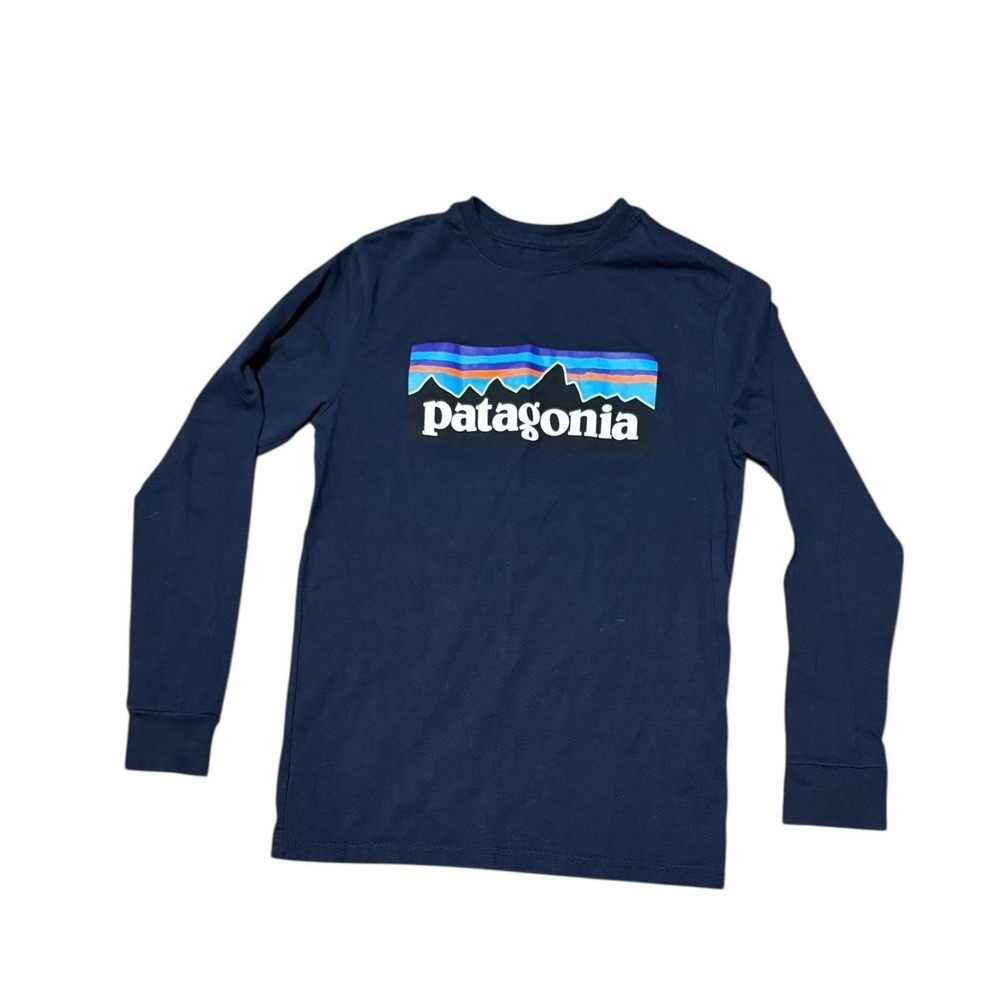Patagonia Kids T Shirt Navy Blue Size M 10 Long‎ Sleeve Logo 100% Organic Cotton